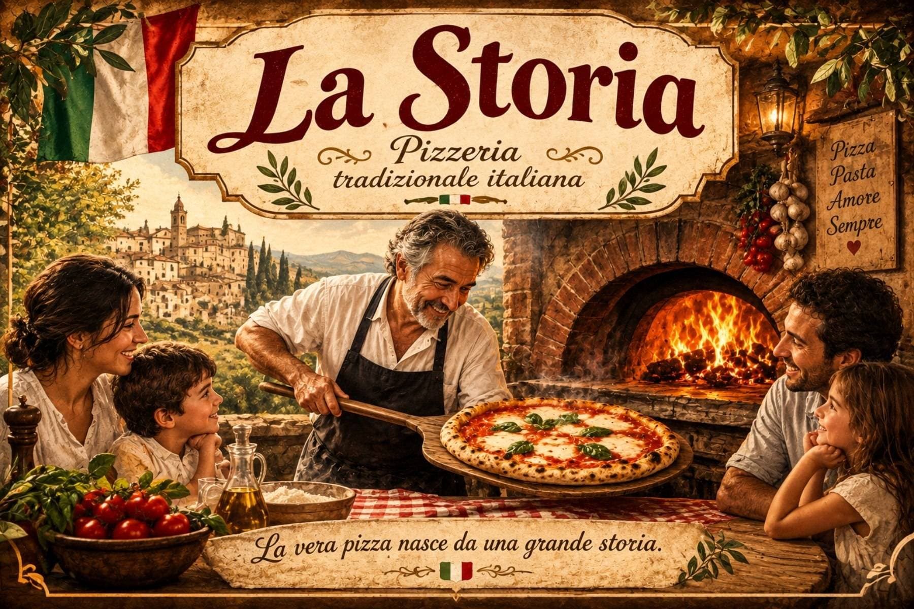 Afișul La Storia: familie la cuptorul cu lemne, pizza Margherita pe lopată